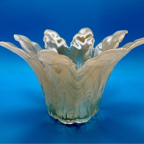 Other - MURANO Art Glass Petal Bowl Candle Holder L7xH4" Vase Orange White Swirl Italy